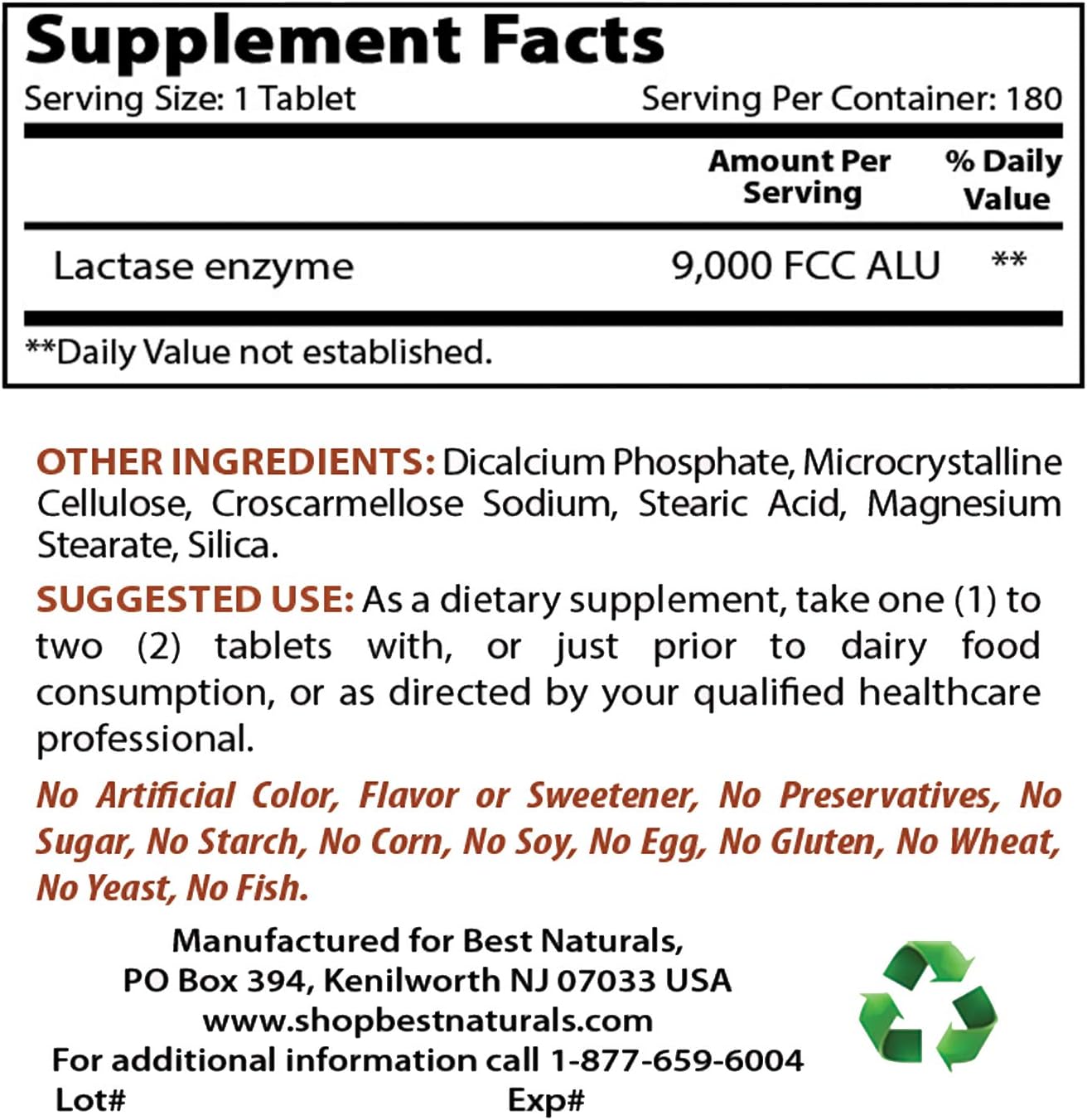 Best Naturals Lactose Intolerance Relief Tablets with Natural Lactase Enzyme, Fast Acting High Potency Lactase, 9000 FCC ALU, 180 Count: Health & Personal Care