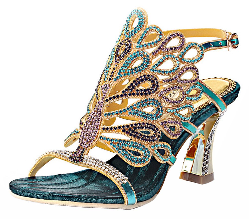 Honeystore Women's Rhinestone Peacock Patterned Handmade Sandals with Chunky Heel
