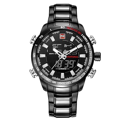 Naviforce Black Checkmate Dual Time Stainless Steel Wrist Watch for Men