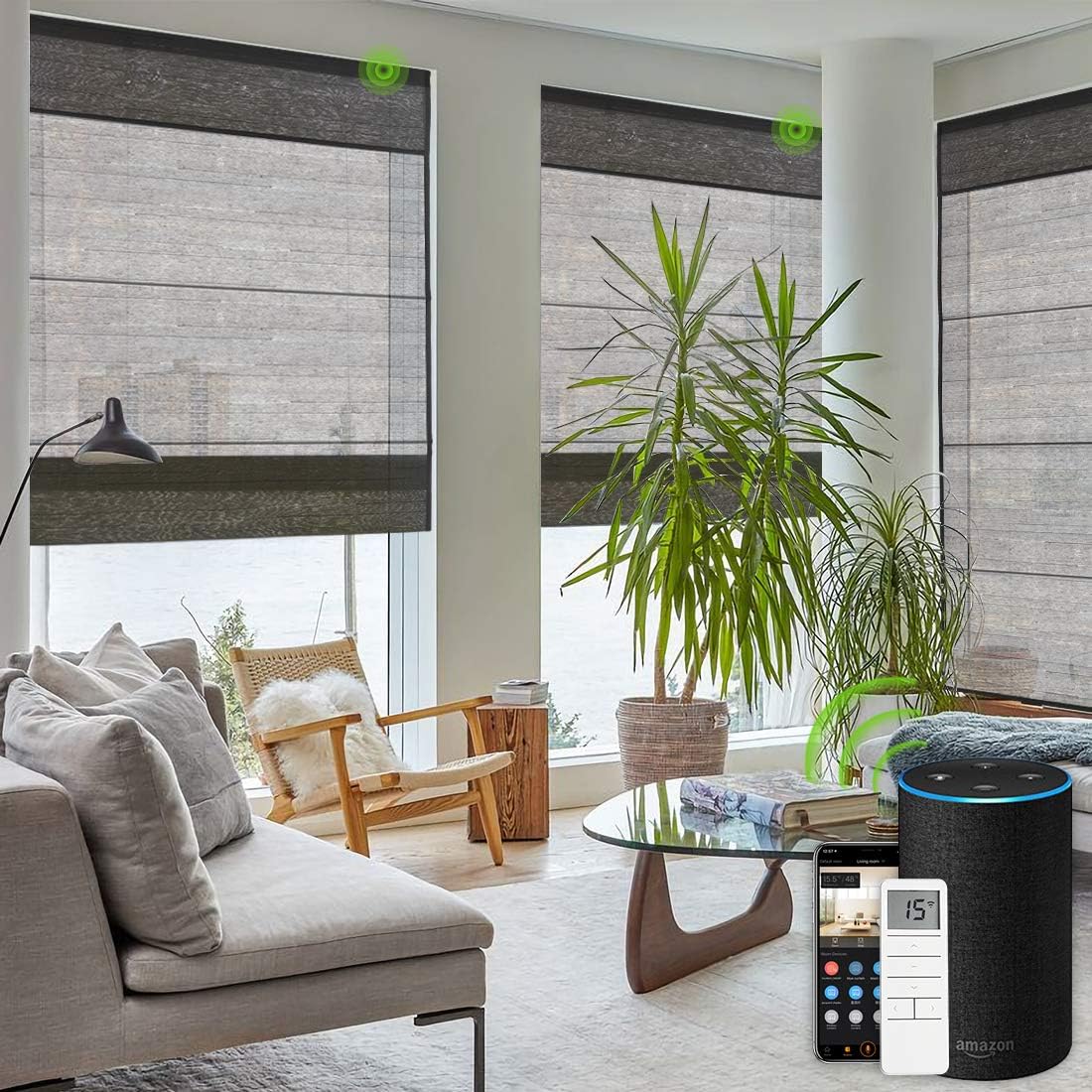 Yoolax Motorized Roman Blinds Remote Control Natural Woven Cotton Linen Smart Shades Compatible with Alexa and Siri Customized for Home and Office(Linen Brown)