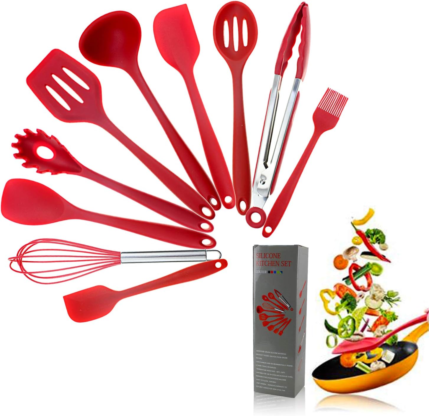 Kitchen Utensils Silicone Heat Resistant Kitchen Cooking Utensil Non-Stick Kitchen Utensil Set 10 Piece Cooking Set Non-Stick Kitchen Tools Turner, Whisk, Spoon,Brush,spatula, Pasta Fork (Red)