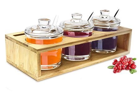 Sendez 3 Gewürzgläser mit Holzgestell und Löffeln Gewürzdosen Parmesandosen Marmeladendosen Set Honigdose Dose Zuckerdose Sal