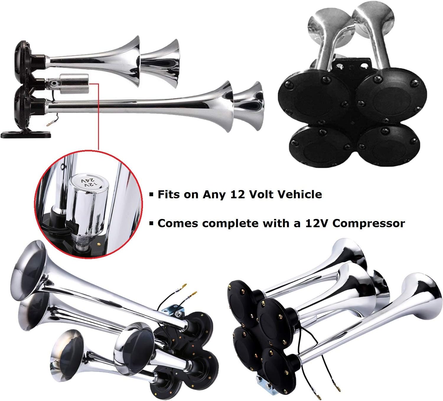 150DB Train Air Horn Kit, 4 Trumpet Train Horn Kit with 120