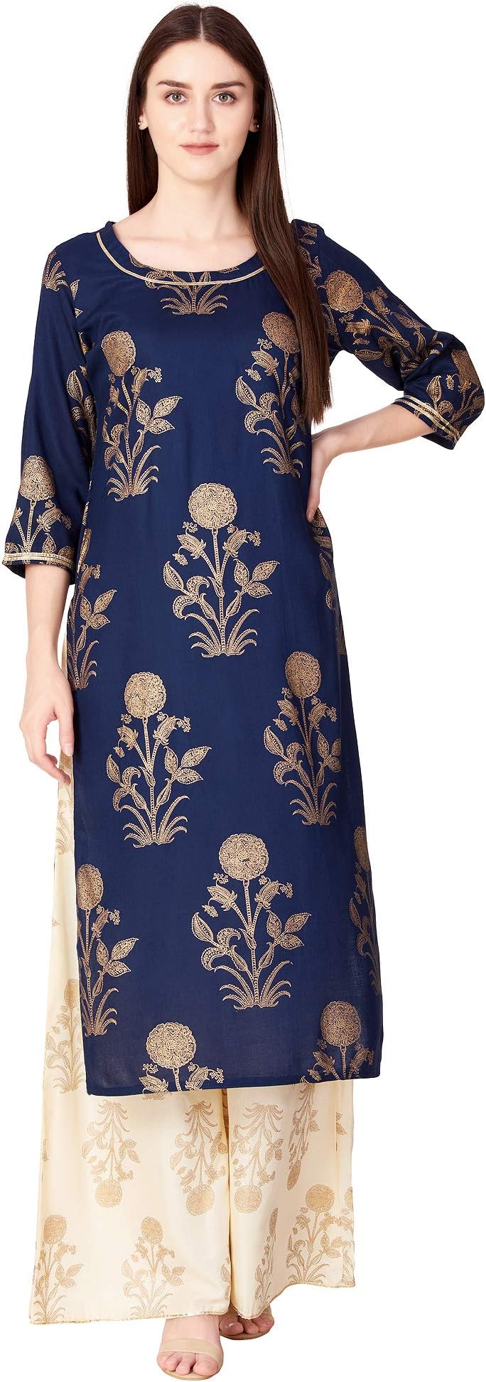 Women's Rayon Gold Printed Kurta With Palazzo Set