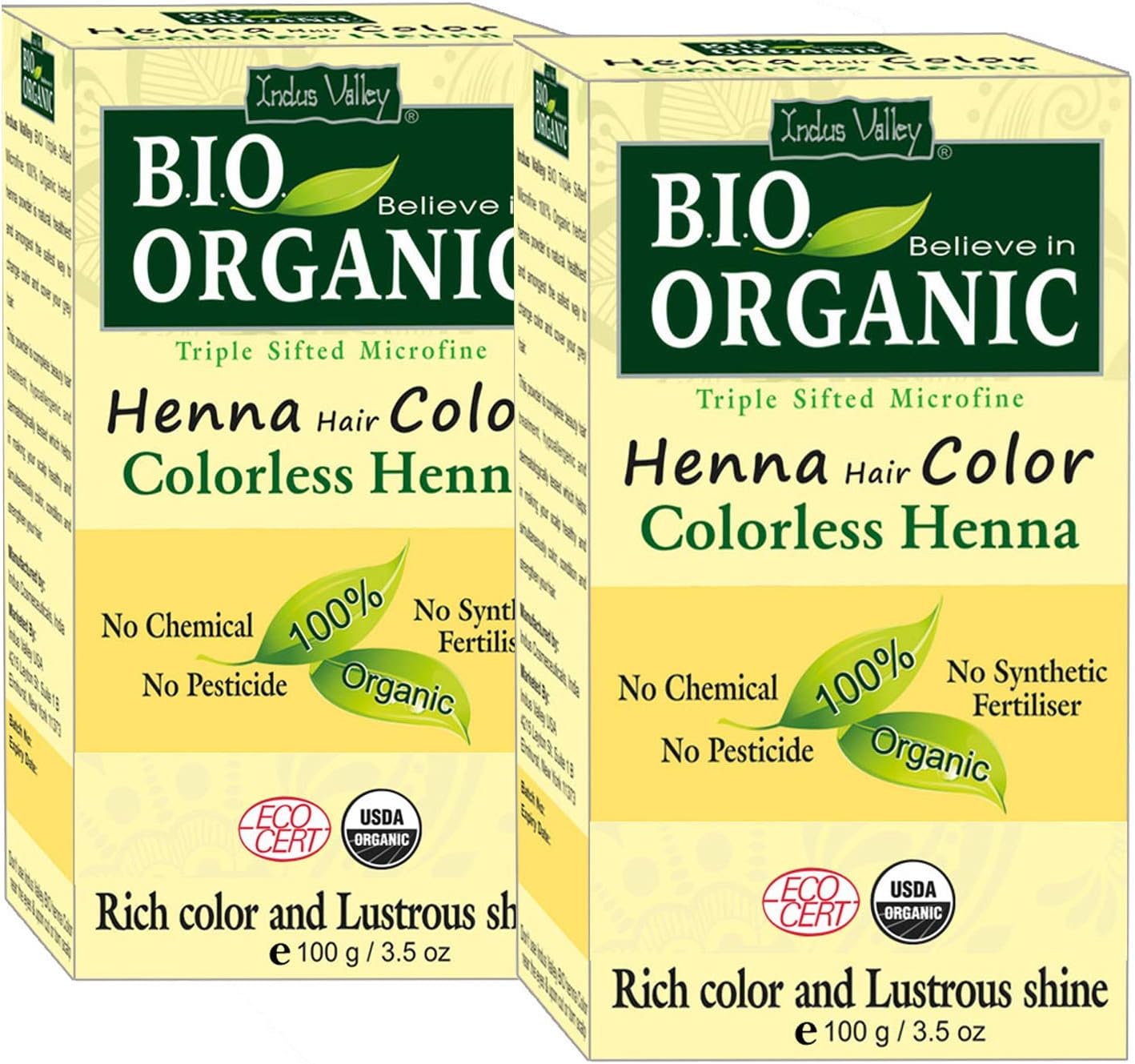 Indus Valley Bio Organic Micro fine Triple Shifted Premixed Henna Hair color with Organic Indigo for Rich Color & Lustrous Shine (Colorless -Twin Pack) 200 gm