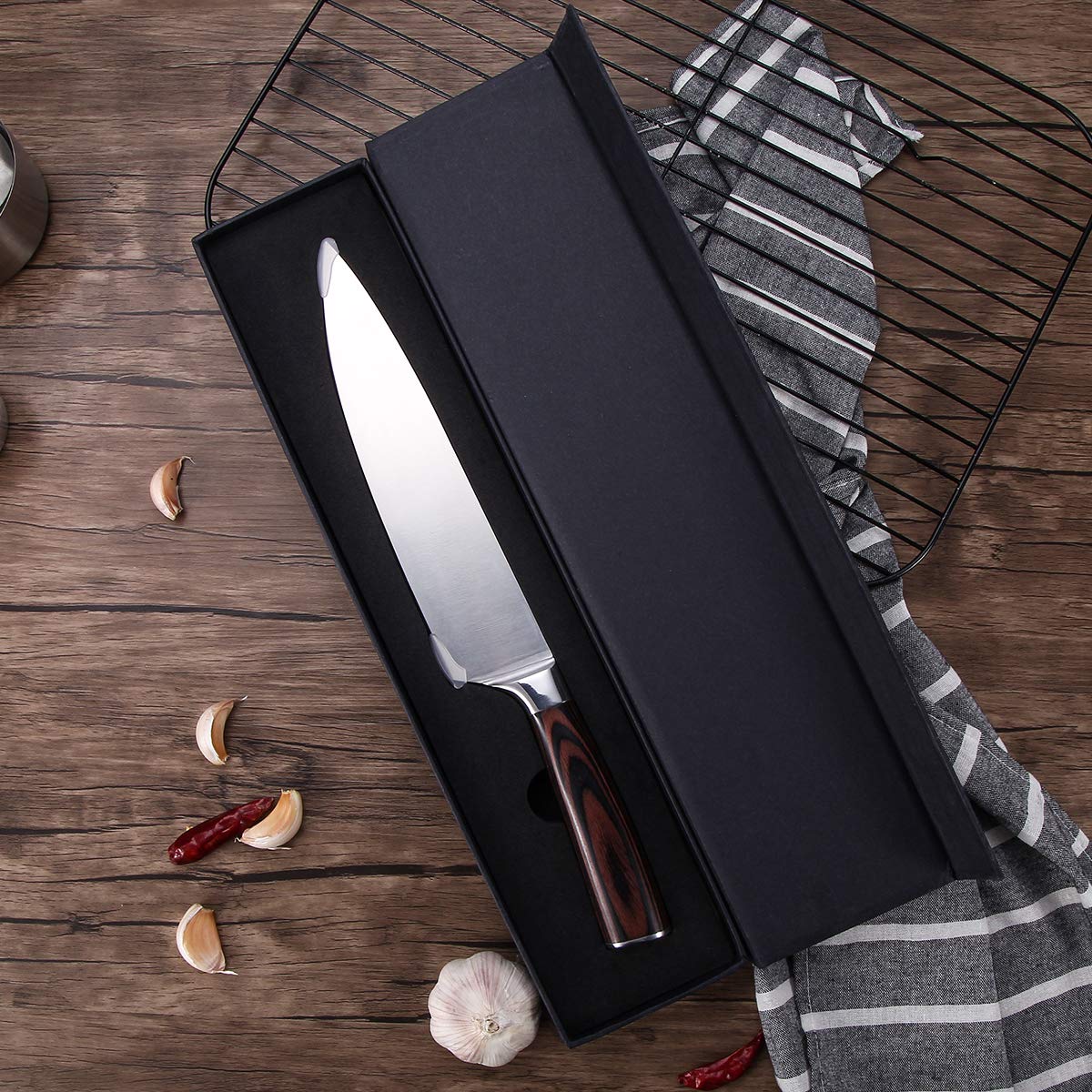 Kochmesser 20cm, CUSIBOX Küchenmesser aus rasiermesserscharfem Hartstahl, Profi Chefmesser, Scharfe Fleischmesser, Allzweckmesser mit Ergonomischer Holz-Griff