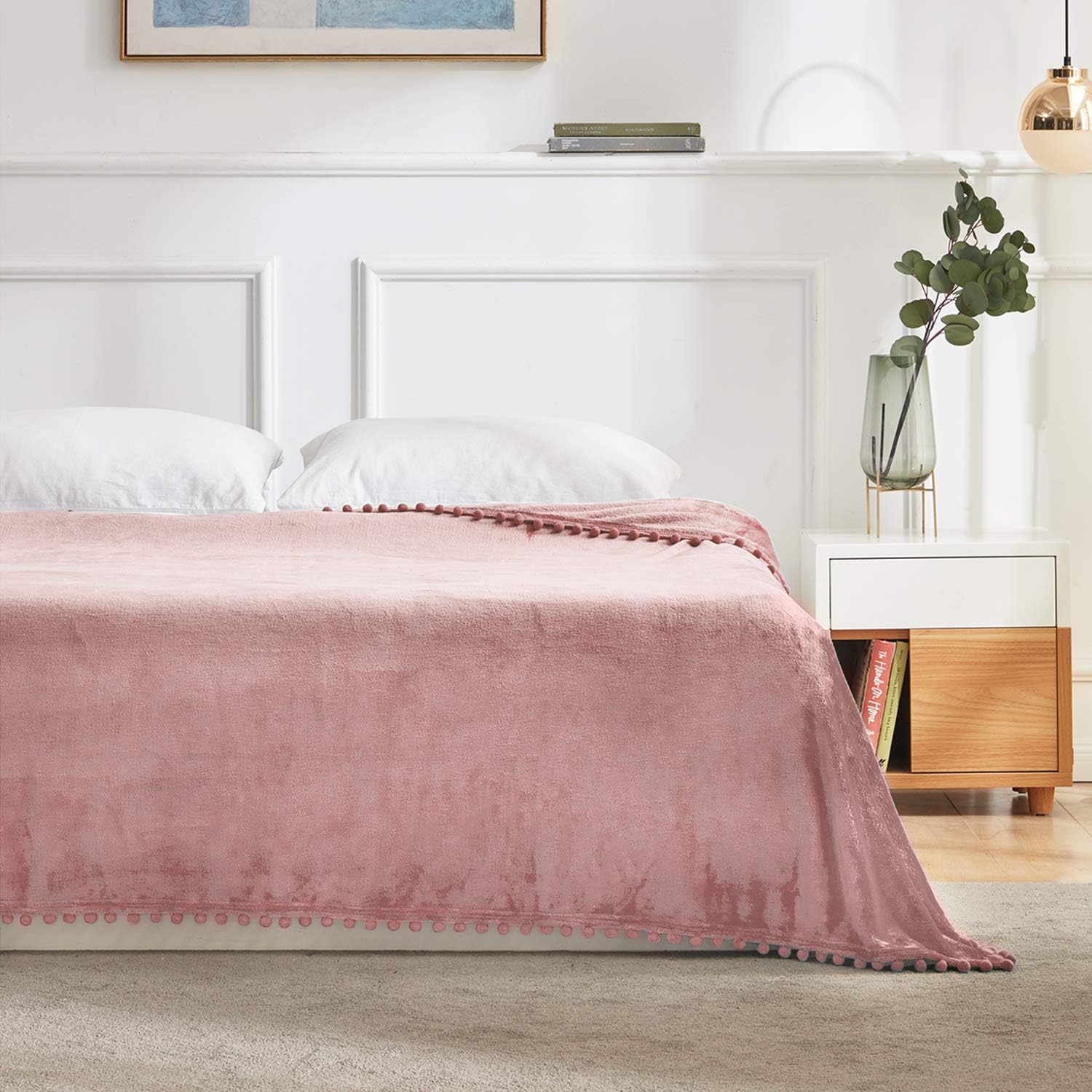 BEAUTEX Fleece Throw Blanket with Pompom Fringe, Dustypink Flannel Blankets and Throws for Couch, Super Soft Cozy Lightweight Plush Throw Blanket (50" x 60"): Home & Kitchen