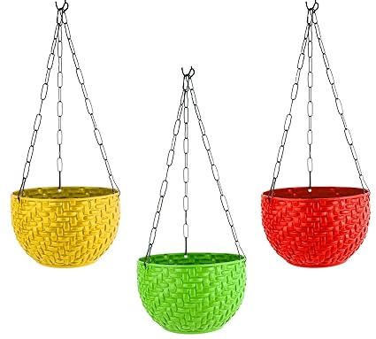 Go Hooked Multicolor Round Rattan Woven Plastic Flower Hanging Planter/Beautiful Round Gamla Pot/Flower Hanging Pot (Pack of 3)
