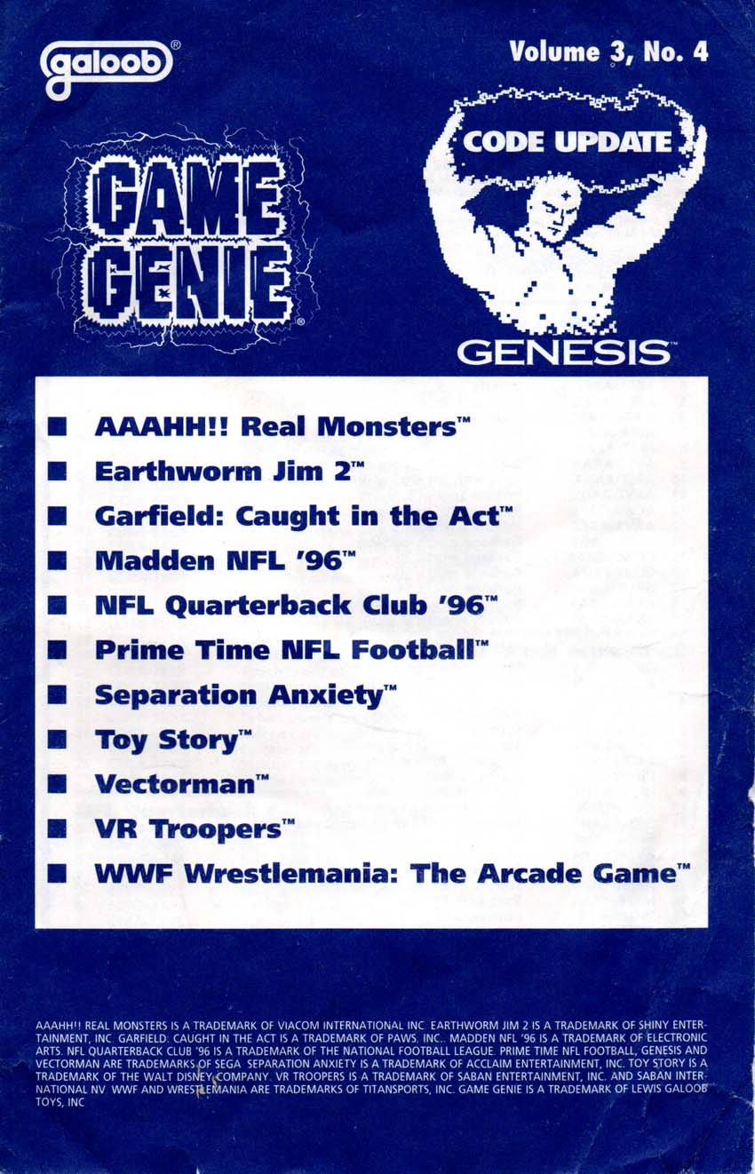 Game Genie Codebook Update for Sega Genesis - Volume 3 Number 4 (Supplement code update booklet with additonal codes not in original manual) (Game Genie Code Update) [Paperback] [1994] Galoob