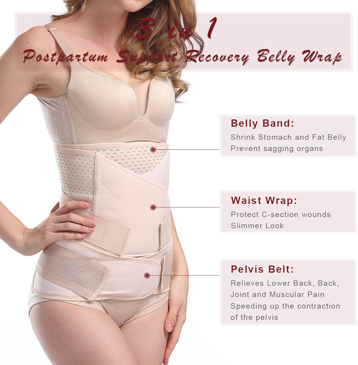 Aigori 3 in 1 Waist Cincher Belly Wrap Recovery Belt Support Body Abdominal Binder Corset Elastic Girdle Beige (One-size) - Image 4
