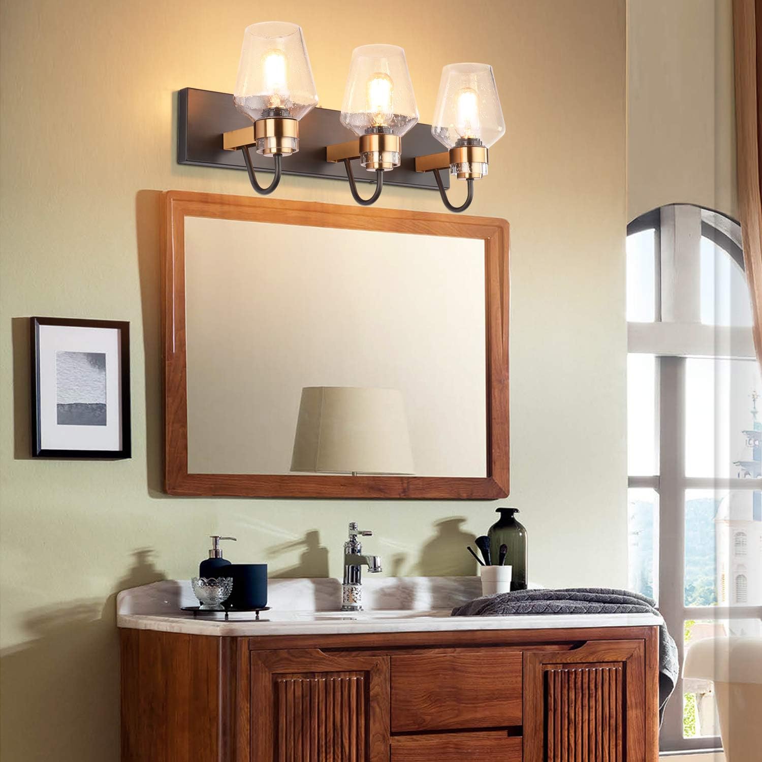 PRESDE Vintage Bathroom Lighting Fixtures Over Mirror Modern Glass Shade Bronze Brushed Black Vanity Lights Wall Sconce (3-Lights) - - 