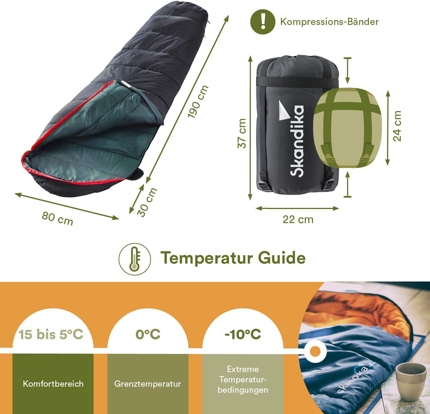 Skandika Alaska Large Sleeping Bag (Left Zip) - Black/Grey, 220x80cm, 220x80 cm - Image 5