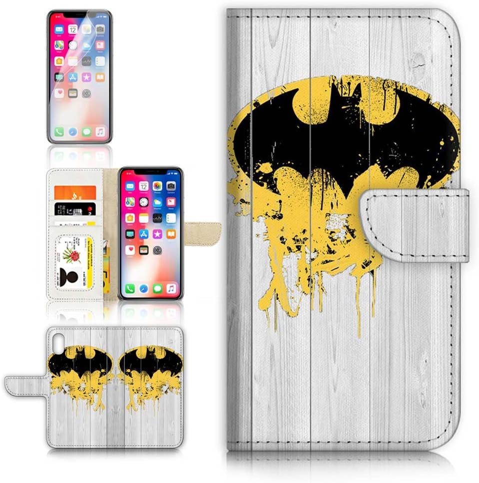 (for iPhone Xs) Flip Wallet Case Cover & Screen Protector Bundle - A3193 Batman