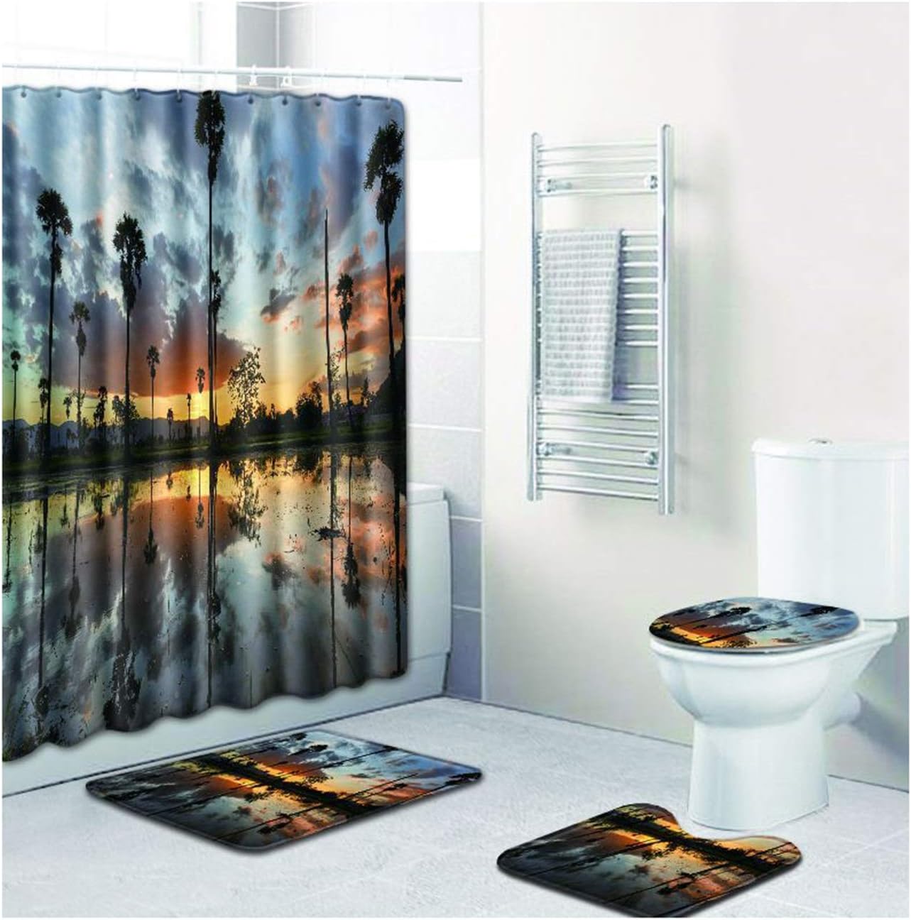 ROMQUEEN Bathroom Curtains Rugs Set Of 4 Shower Curtains And Mat Sets Bath Mat And Toilet Mat Set Pedestal Mat Toilet& Shower Curtain 180 * 180