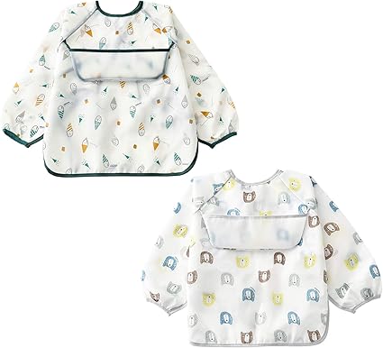 Amazon Co Jp 食事用エプロン お食事エプロン 食事用スタイ 子供 赤ちゃん ベビー 幼児 男の子 女の子 離乳食 エプロン スモック 長袖 防水 軽量 速乾 かわいい 保育園用 6ヶ月 4歳 立体ポケット付き 2枚セット ベビー マタニティ