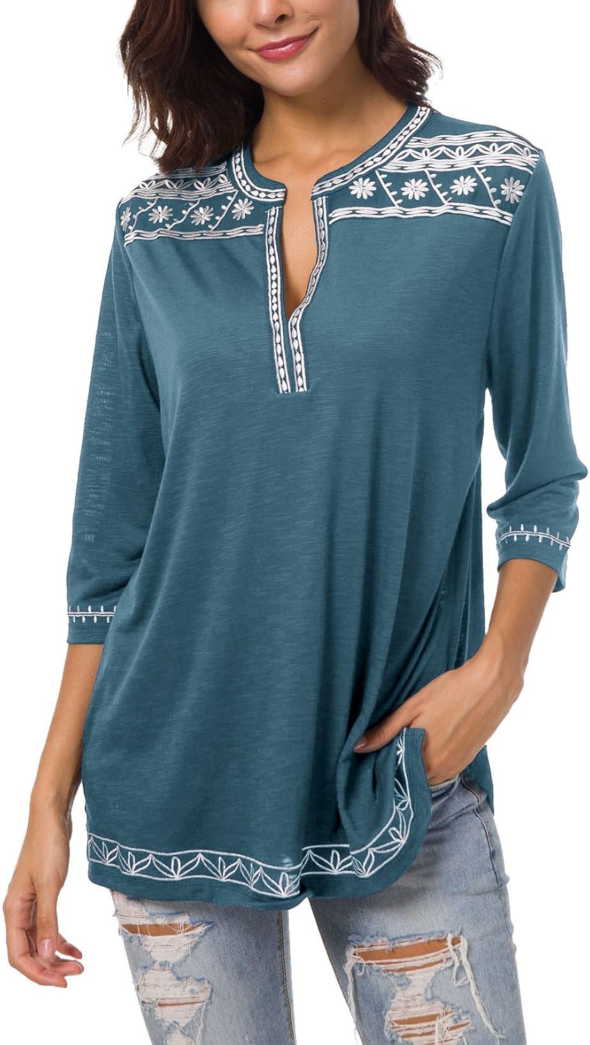 Women's 3/4 Sleeve Boho Shirts Embroidered Peasant Top