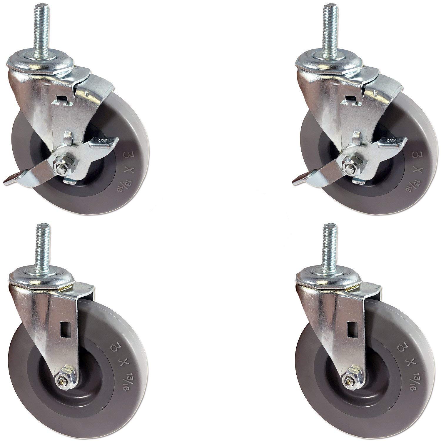 CasterHQ - Set of 4 Stem Casters with 5/16" x 1" Long Threaded Stem - 2 Swivels with Brakes and 2 Plain Swivels - Gray Non-Marking Thermo Rubber Wheel - 3" Diameter Wheels - (4 Pack)