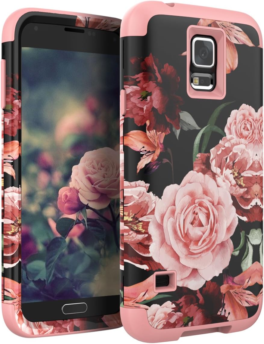 TIANLI Samsung Galaxy S5 Case Cute Flowers for Girls/Women Smooth Surface Three Layer Shockproof Protective Cover,Floral Rose Gold