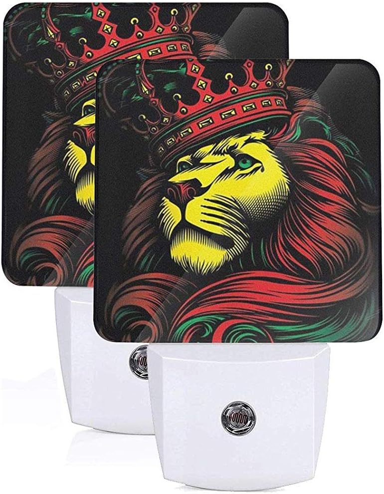 Katrine Store Rasta Reggae Lion Plug-in LED Night Light with Automatic On Off Dusk to Dawn Flat Nightlight Indoor Home Decor Sets of 2