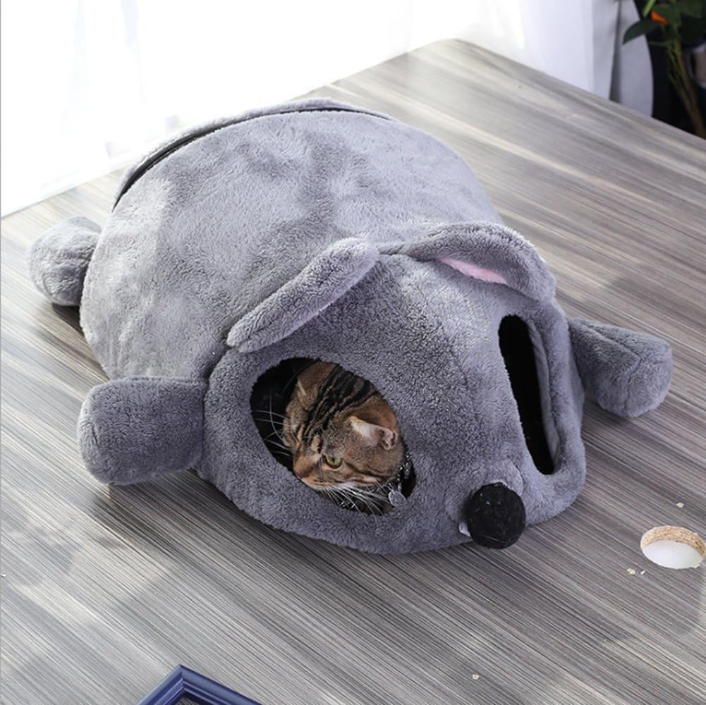 Pet Cat Bed Den Nest,Cartoon Mouse Shape House Bed Tent Indoor Cat House with Removable Mat and Zippered Bottom (Grey)