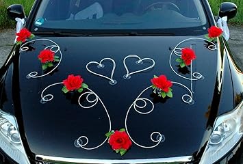 DEKOR Auto Schmuck Braut Paar Rose Deko Dekoration Autoschmuck Hochzeit Car Auto Wedding Deko PKW (Rot / Weiß)