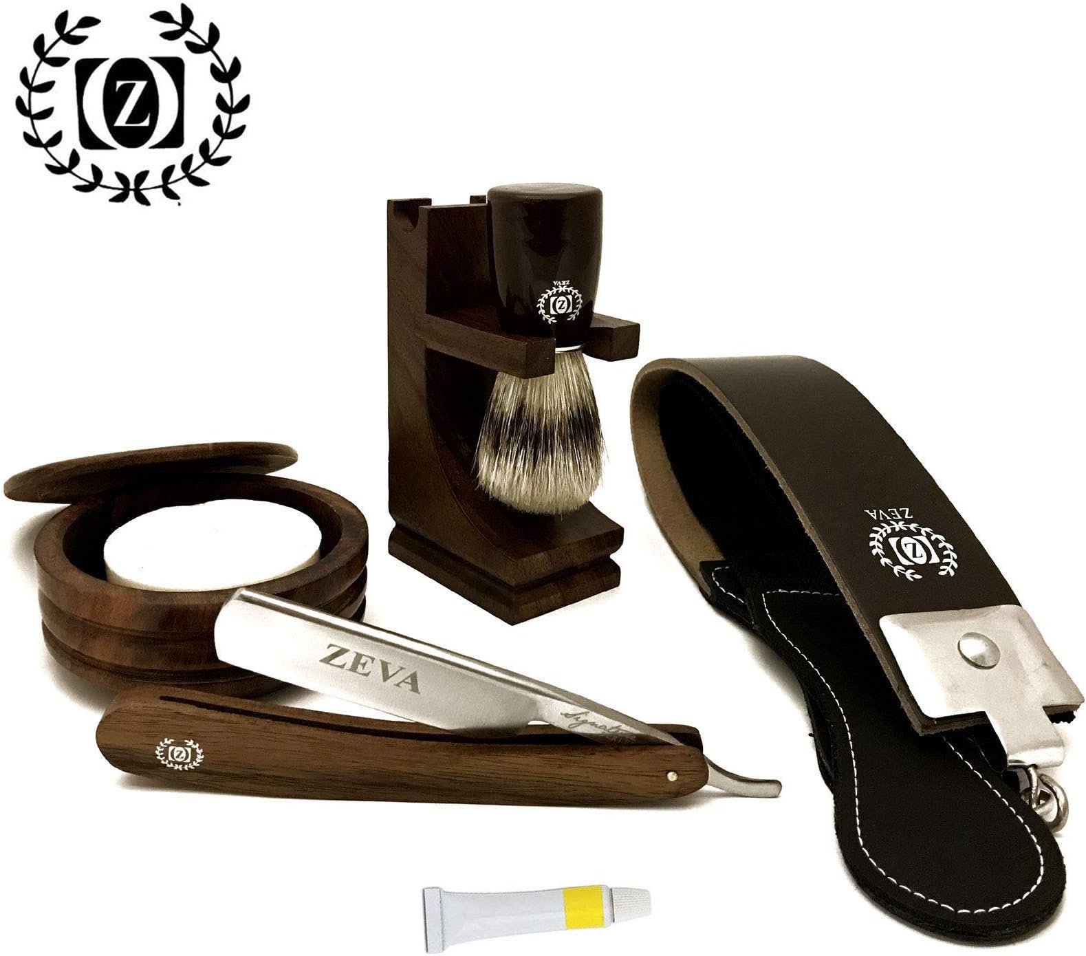 Vintage Straight Razor Shaving Barber Kit Set Brush Strop Box Gift Stainless Steel Edge Wood Handle Folding Knife Handmade Wood 7 PC Barber Salon Straight Razor Shaving Set, Razor, Blades, Stand