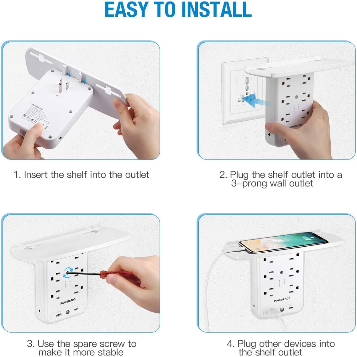 Socket Shelf Wall Outlet, POWERADD 6 Outlet Extender Surge Protector with USB C PD 18W Fast Charging Ports, Multi Plug Outlet with Removable Built-In Shelf and Smart Night Light for Bathroom/Home/Dorm: Home Audio & Theater