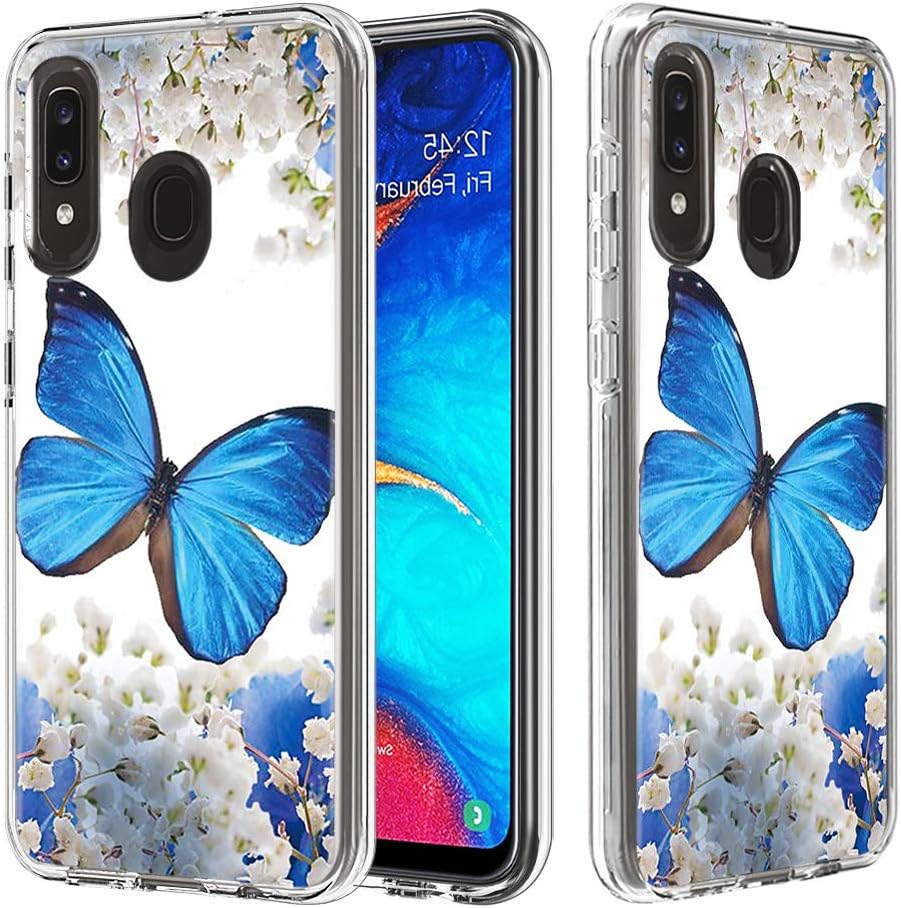Nadoli Transparent Cover for Samsung Galaxy A20S,Creative Blue Butterfly Flower Card and Hard PC + Soft Tpu 3 Layer Clear Hybrid Shockproof Protective Bumper Case