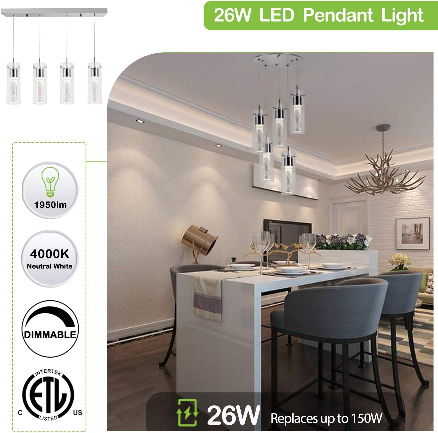 5-Light Pendant Ceiling Fixture, Integrated LED Kitchen Lighting, 30W (180 Watt Equivalent) CRI 90+, 2250lm Premium Bubble Glass with Chromed Finished ETL Listed - - 
