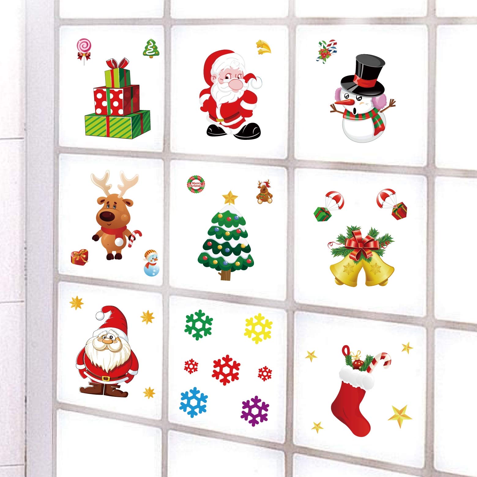 36 Pcs Christmas Window Clings Decal Ornaments Removable Reusable,10 Pack Window Refrigerator Stickers for Home Cafe Showcase Christmas Decorations with Snowman, Santa Claus,Snowflake, Bell, Tree,Sock