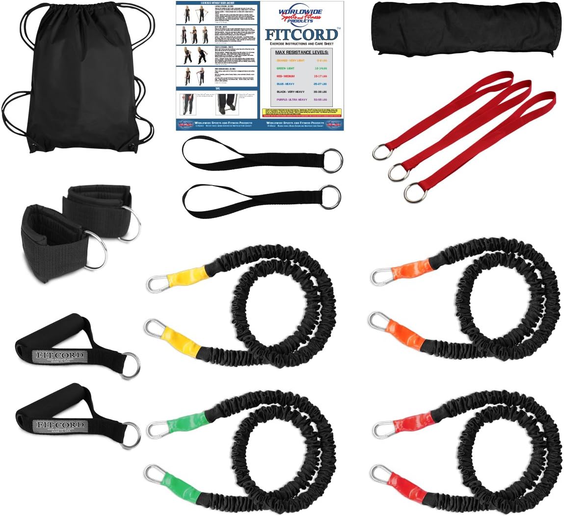Stackable Resistance Band Home Gym Athlete Includes Anchors, 4 Covered Resistance Bands, Bag, Band Wrap, Handles, Cuffs, Straps and Workout Guide by FitCord (BSHG-ATH)