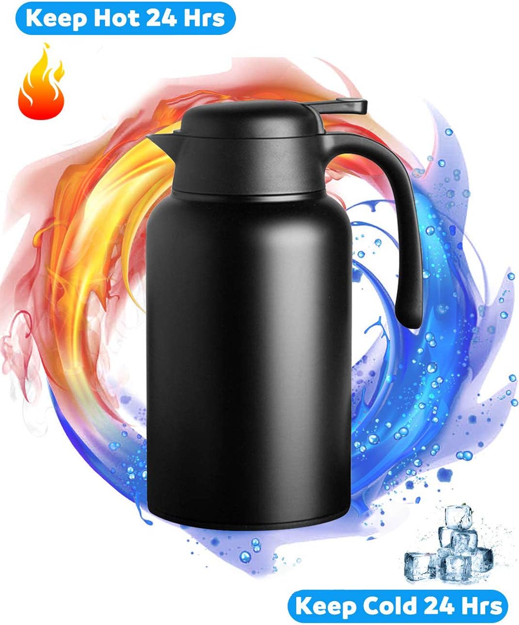 Luvan 2L Thermal Coffee Carafes,304 18/10 Stainless Steel Double Walled Vacuum Insulated Coffee Carafe Jugs with Press Button Top 12+ Hrs Heat&24+ Hrs Cold Retention,for Coffee,Tea,Beverage Black - Image 3