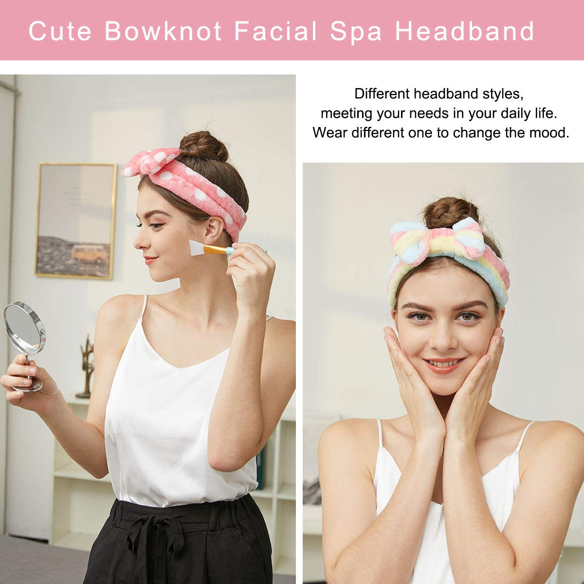 Spa Headband – 6 Pack Bow Hair Band Women Facial Makeup Head Band Soft Coral Fleece Head Wraps For Shower Washing Face : Beauty
