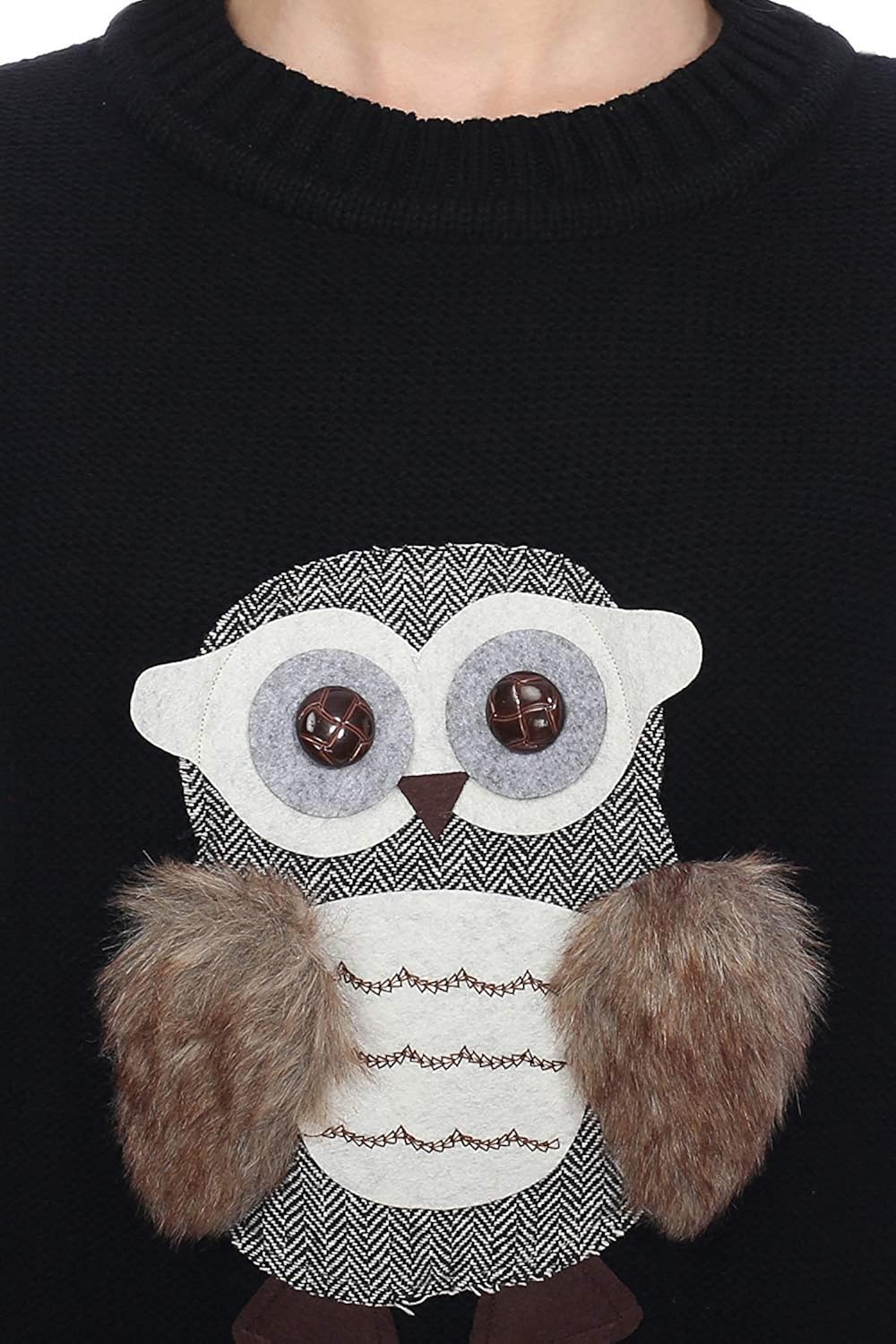 icable women's round neck black owl sweater pullover for winter
