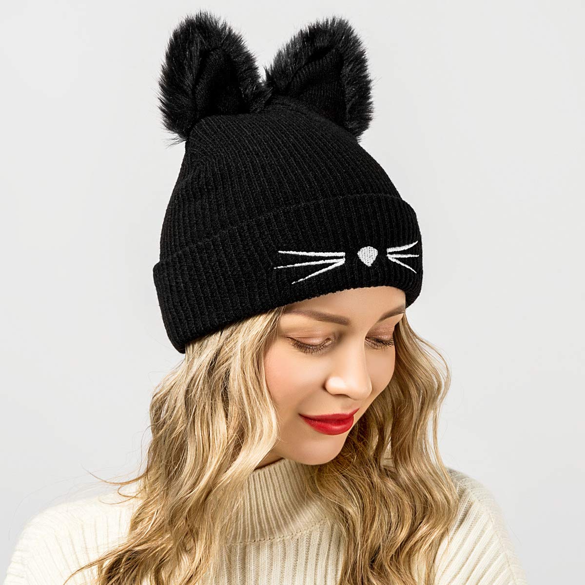 EVRFELAN Black Cat Ears Hats Embroidered Warm Knit Crochet Beanies Wool Cute Fashion Skull Cap for Women Girls in Fall Winter