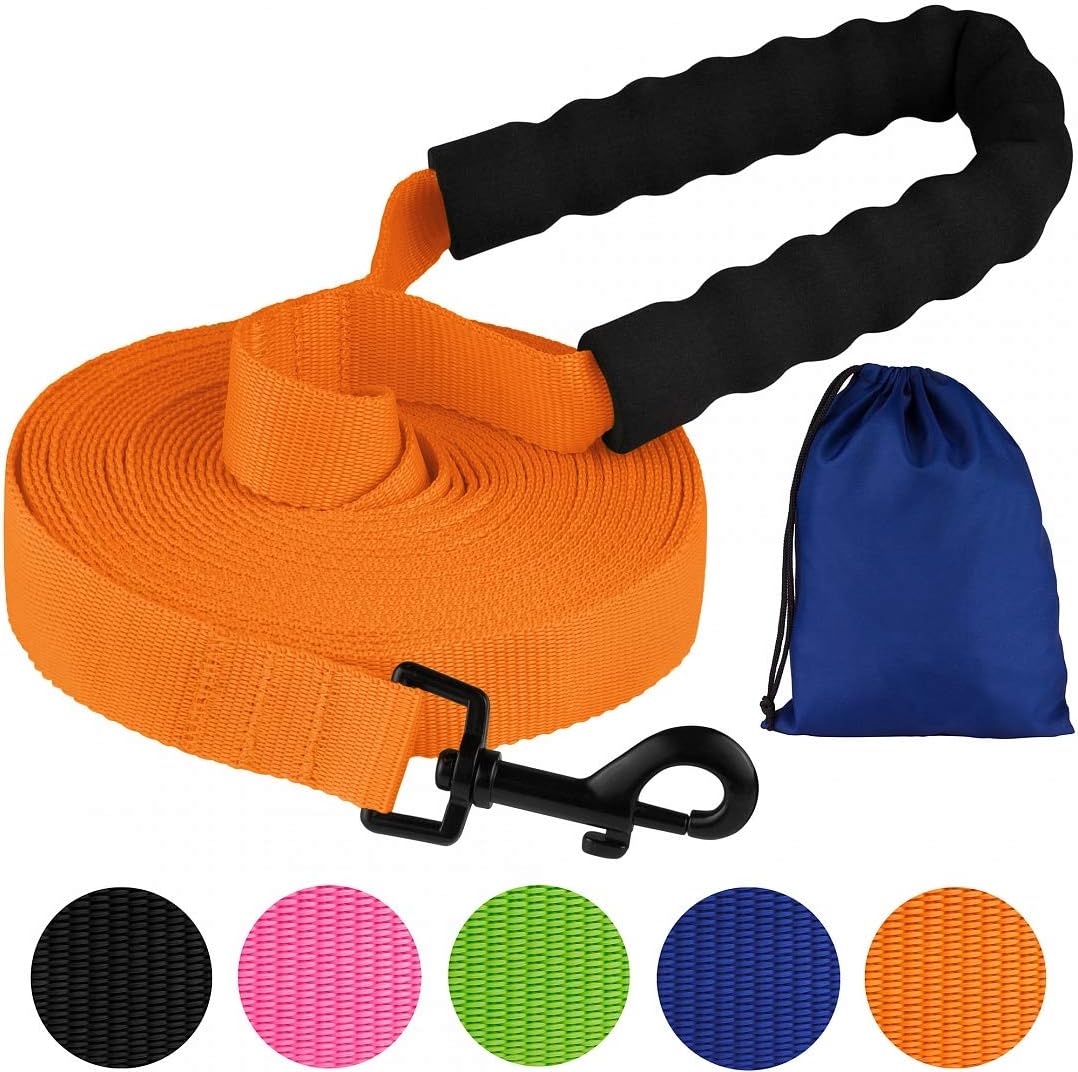 Pawia Long Dog Leash with Padded Handle Check Cord 1 Inch Nylon Training Lead Heavy Duty Leashes for Medium Large Dogs Black Orange Pink Blue Lime Green