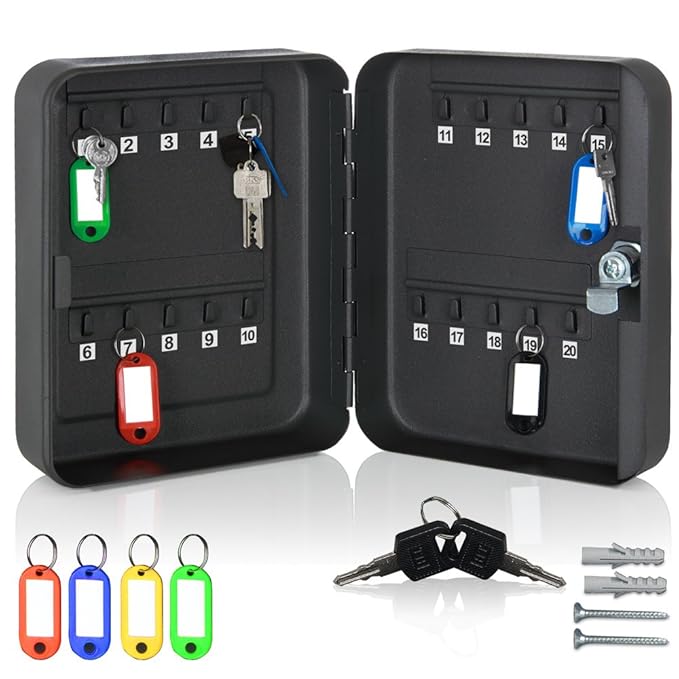 monzana® Schlüsselkasten | 20 Haken + 20 Schlüsselanhänger | abschließbar | Stahl | Schlüsselschrank Box Tresor Safe