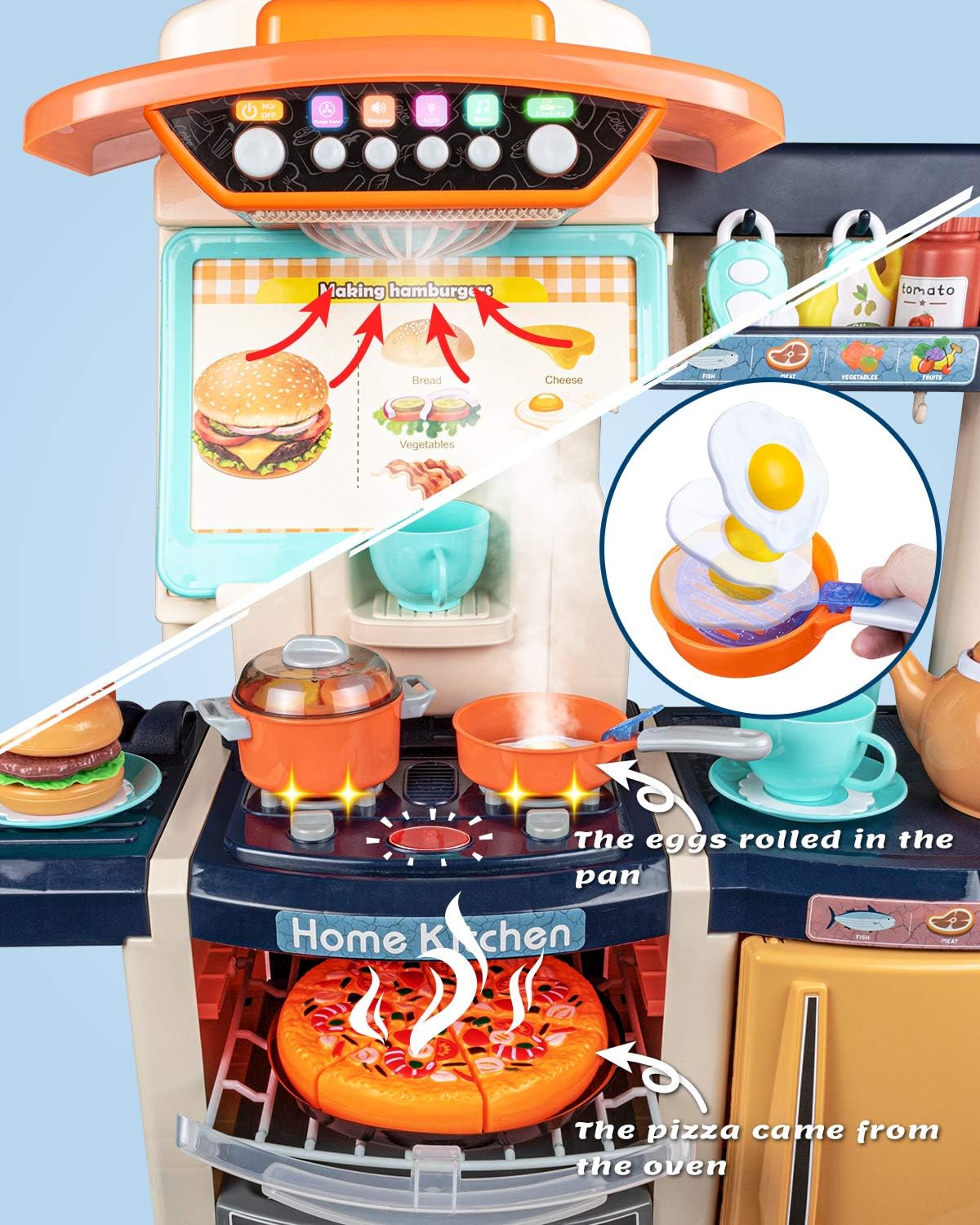 UNIH Toys for Kids Play Kitchen Pretend Kitchen Playset Toddler Toy with Realistic Lights & Sounds,Play Oven & Sink,Coffee Toy Set,Kids Phone and Other Kitchen Accessories Blue Toys for Girls and Boys: Toys & Games