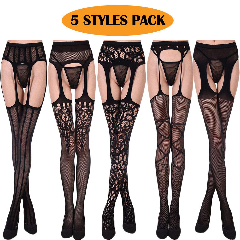 KHUFUZI Women\'s 5 Styles Pack Suspender Pantyhouse High Waist Tights Sexy Fishnet Garter Stockings