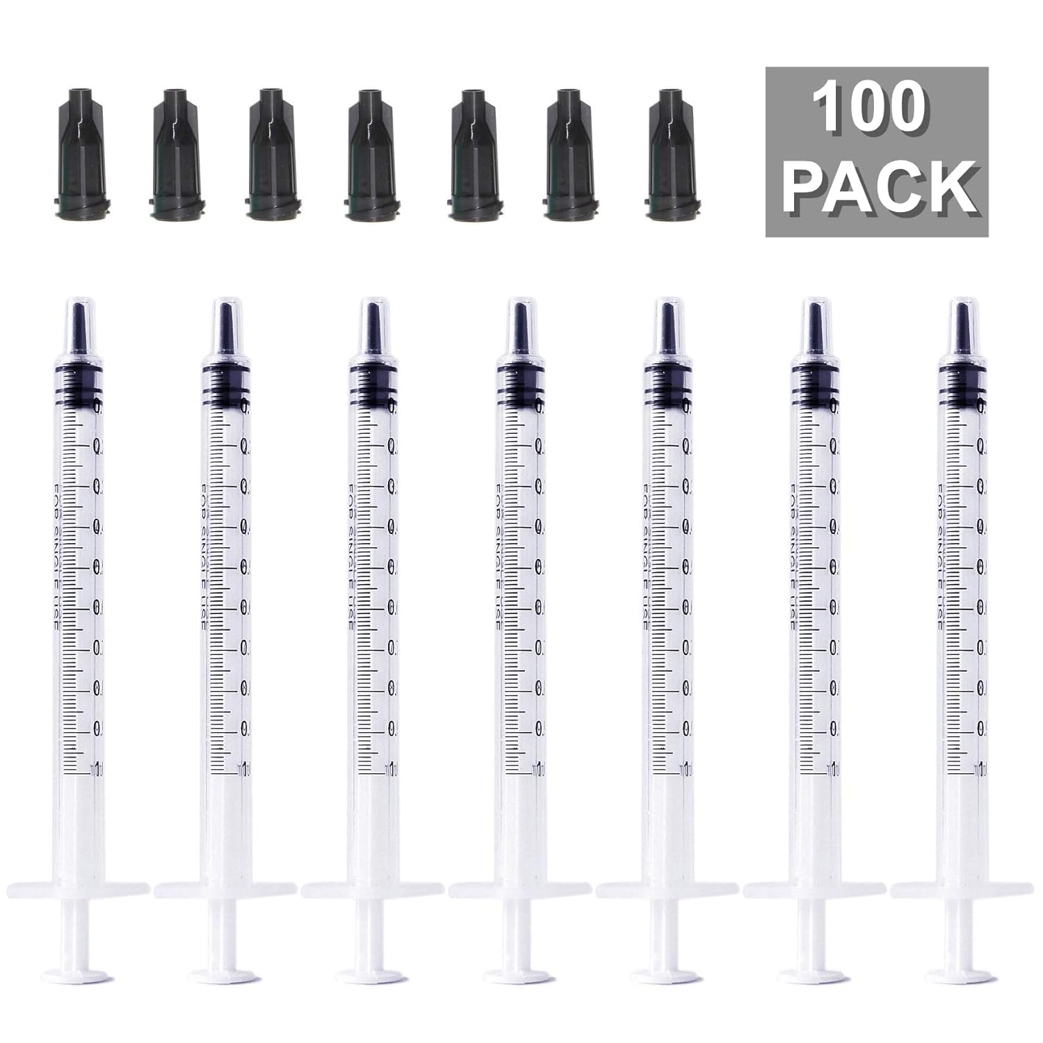 BSTEAN 1ml 1cc Syringe with Luer Slip Tip and Caps, No Needle (Pack of 100)