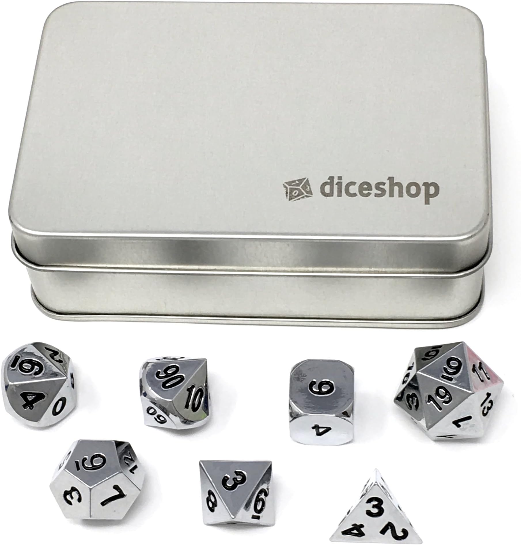 DiceShop Metal Polyhedral Dice Set in Presentation Case for Roleplaying and D&D Games (Shining Silver)