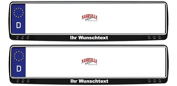 Nashville print factory 2 Stück Kennzeichenhalter schwarz mit Wunschtext beschriftet Kennzeichenhalterung