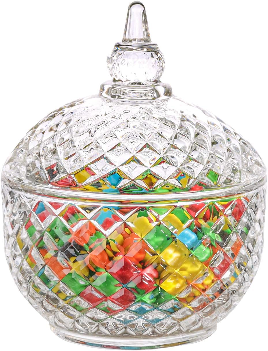 ComSaf Glass Candy Sweet Jar with Lid, Crystal Bon Bon Jar Covered Sugar Bowl Small Decorative Cookie Dish Buffet Storage Container Clear for Party Wedding (Diameter: 9.5CM)