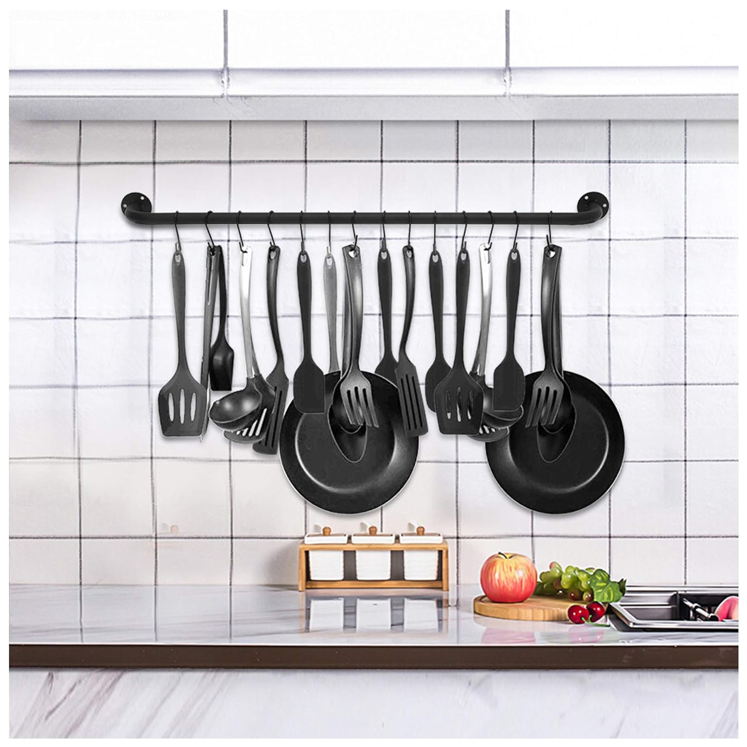 Naiflowers Kitchen Hanging Pot Bar Rack Shelf, 39.4'', Wall Mount Detachable Lid Holder Kitchen Utensil Organizer with 14 S Hooks Storage, Rustic Pot Storage Rack for Bathroom Kitchen Décor (Black)