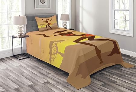 ABAKUHAUS afrikanisch Tagesdecke Set, Ethnische Ritual Amazon Lady, Set mit Kissenbezug Romantischer Stil, für Einselbetten 1