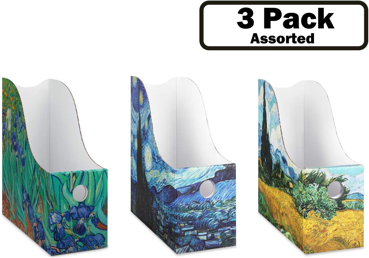 Sturdy Cardboard Magazine Holders, Folder Holders (3 Pack, Assorted), Stunning Impressions Design, Magazine Organizer, Folder Organizer, Storage Box, Book Bins, Desk File Holder Organizers