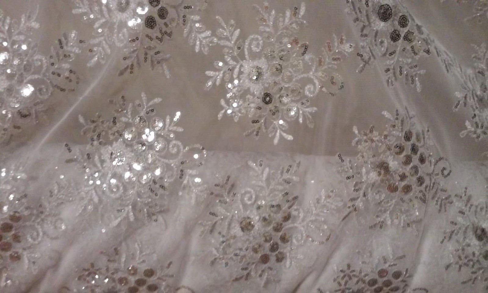 52" Wide Silver Embroidery Adorned with Sequin Embroidery On WhiteTulle Fabric Polyester For Wedding Party Home Decoration 1 Yard