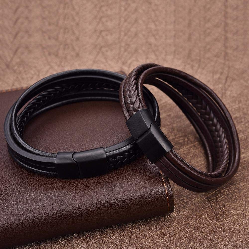 Bracelet en Cuir Véritable Homme - Fermoir Aimanté en Acier - Livré dans sa boite - Noir et Marron (Noir)