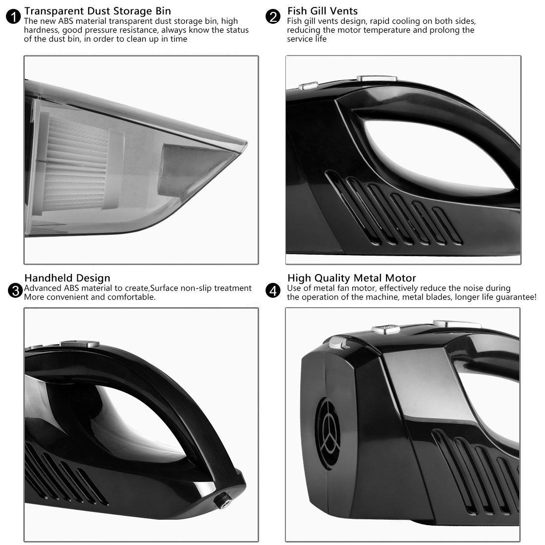 Handstaubsauger 12V 120W Wiederaufladbare Handheld Akkustaubsauger Nass & Trocken Autostaubsauger Li-Ionen-Akku Staubsauger für Staub und Flüssigkeiten geeignet, Akkustaubsauger für Auto,Haus - Schwarz