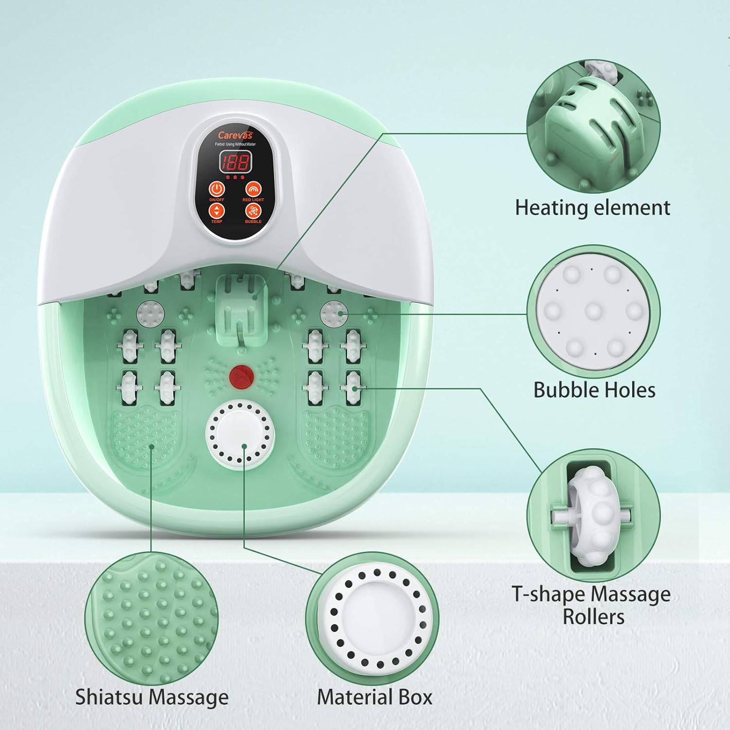 Carevas Foot Bath Massager, Heated Foot Soaker with O2 Bubbles, 14 Massaging Rollers for Tired Feet Stress Relief Home Use: Beauty